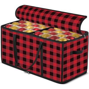 ZOBER Christmas Ornament Storage Box Plastic - Stores 128 3" Ornaments with Individual Trays - Ornament Organizer Storage Box, Durable Christmas Containers Holder - Plaid