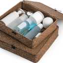 Elsjoy 2 Pack Flat Seagrass Storage Bins with Lid, Wicker Woven Storage Basket Set, Rattan Organizer Bins for Shelf, Closet, Bedroom
