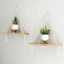 Hanging Shelves Boho Wall Decor Set of 2, Rustic Wood Floating Shelves for with Handmade Woven Rope Room Nursery Bathroom Living Room College Dorm Storage for Hanging Plants Photos, White
