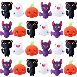 Soulchen 24 Pcs Halloween Plush Bulk Halloween Kawaii Stuffed Animals Bulk Pumpkin Ghost Bat Black Color Cat Plush Toys for Gifts Party Decorations Prizes Candy Bags