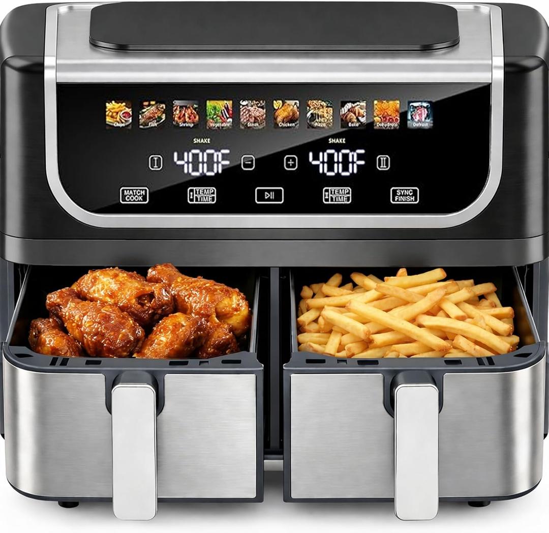 Simple Deluxe 9.5-Qt Dual Basket Air Fryer, 10-in-1 Digital Preset 1700W Airfryer, Sync Cook, Independent Temp Control, Shake Reminder, Nonstick Basket, Black