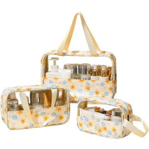 Travel Toiletry Bag, Clear Makeup Bags with Handles, Floral Pattern Shower Bag, 3 Pcs Waterproof Toiletry Bag Set for Camp, Travel, Gym (Yellow, Floral)