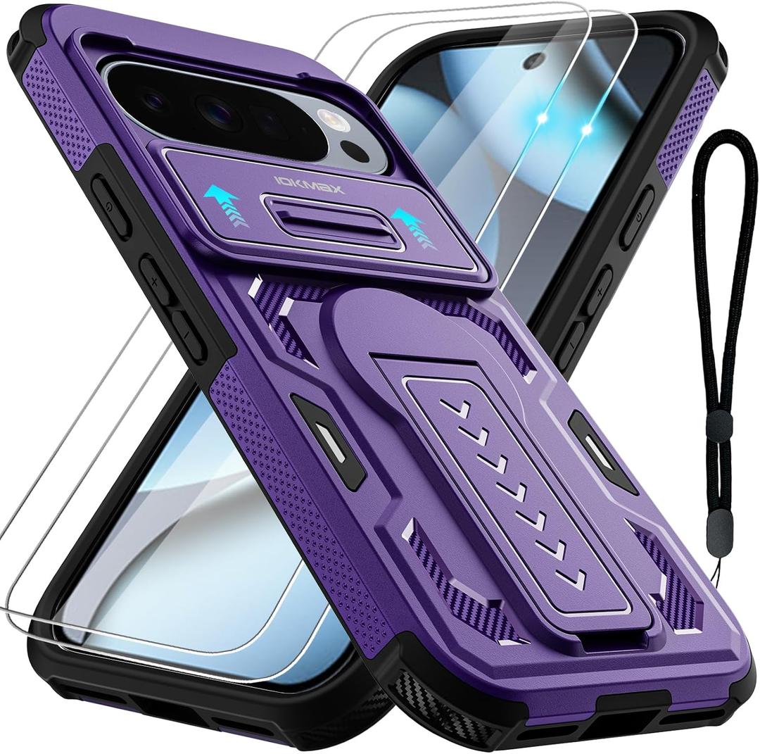 for Google Pixel 10/10 Pro/Pixel 9/9 Pro Phone Case with 2*Screen Protector, Slide Camera Cover, Kickstand, Lanyard Strap,Military Grade Shockproof Protective Heavy Duty Non-Slip Case,Purple