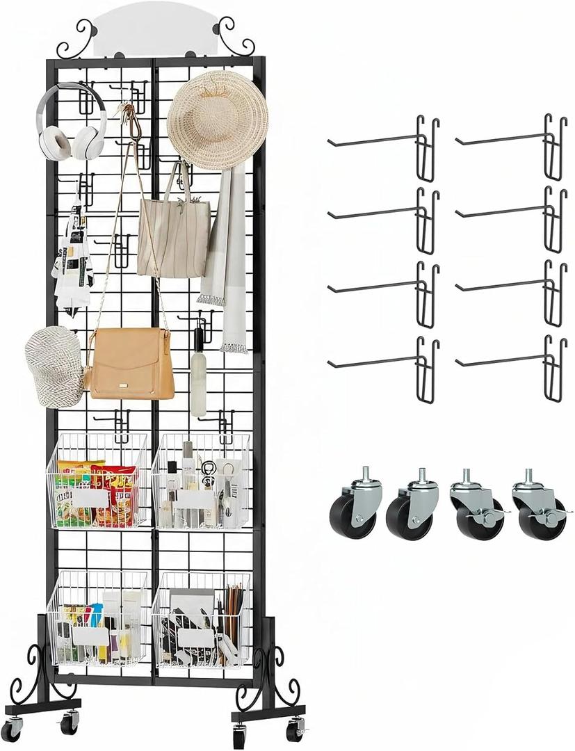 Urban Deco Grid Wall Panel Display Stand, 2.2' x 6.2' FT Gridwall Panel with Extra 8 Hooks, Craft Show Display Rack Black Metal Grids Standing Wire Rack for Retail Merchandise