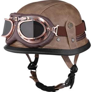 Motorcycle Half Helmet Retro German Handmade Leather Half Face Quick Release Buckle & Goggles - DOT Approved (Light Brown, L)