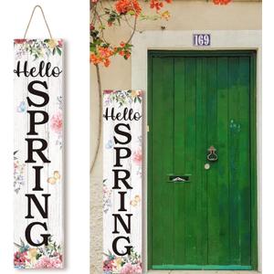 Jetec Hello Spring Wooden Porch Sign Large 37.5 Inch Front Door Welcome Hanging Sign Rustic Decorations for Home Front Porch Door Indoor Outdoor Decor(Spring Style)