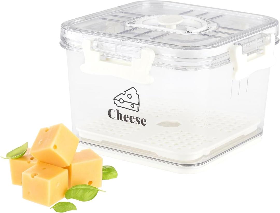 Cheese Container for Refrigerator, Cheese Keeper with Airtight Lid and Time Recording, Cream Block Shredded Cheeses Storage Box, Sliced,Grated, Cheddar Cheeses Box For Fridge, kitchen Organizer