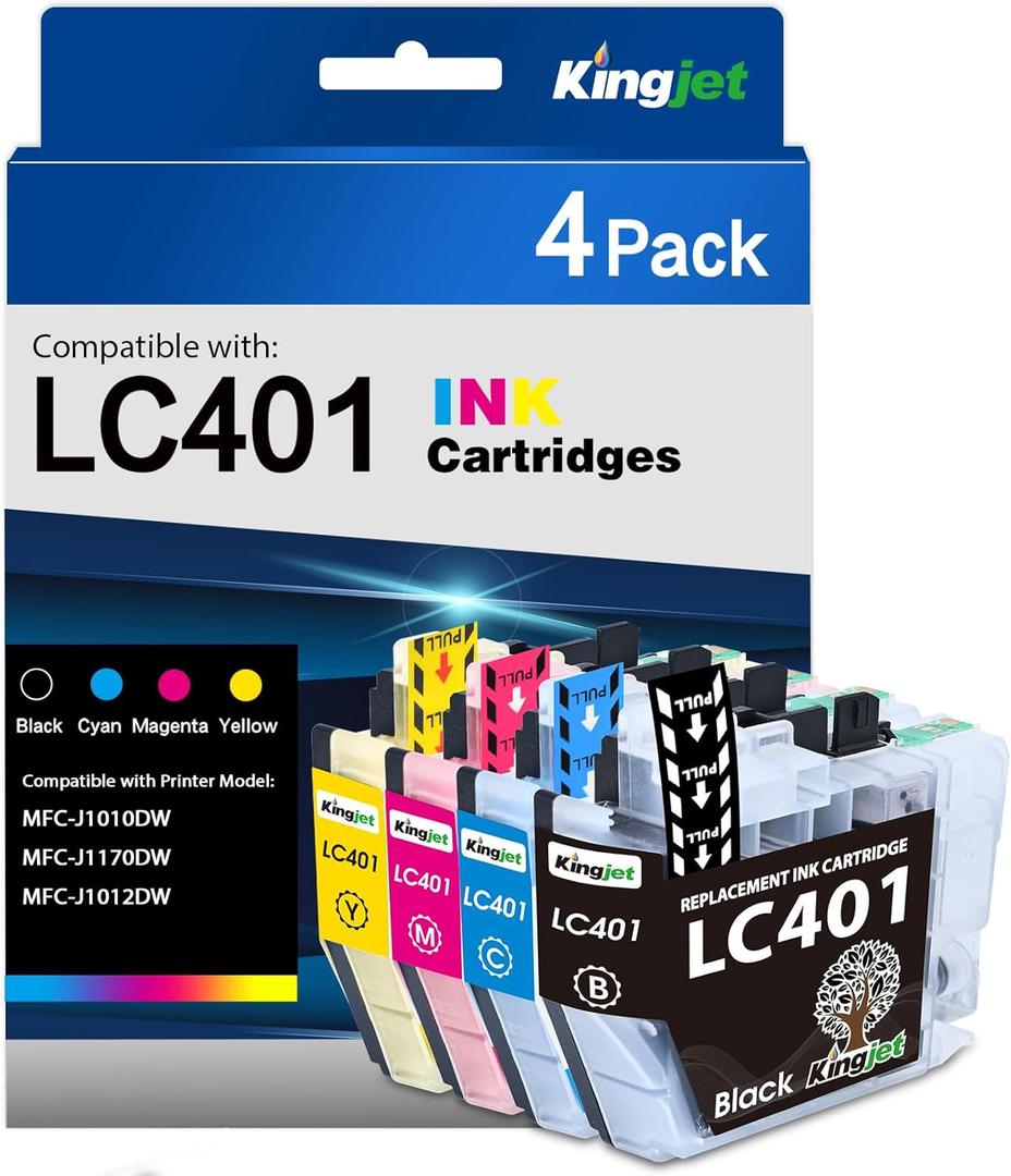 Kingjet LC401 Ink Cartridges Replacement for Brother LC401 Ink Cartridges Compatible with MFC-J1010DW MFC-J1170DW MFC-J1012DW, 4PK (Black/Cyan/Magenta/Yellow)