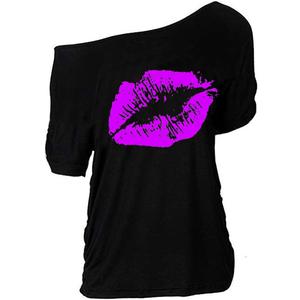 MAGICMK Women Casual Plus Size Lips Print Off Shoulder T-Shirt Tops (Large, Black+purple)