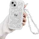 Compatible for iPhone 15 Case Clear Cute Aesthetic Love Heart Bow Design with Bow Chain, Wave Frame Soft Slim TPU Bumper Shockproof Protection Phone Cover for Women Girls -White Bow