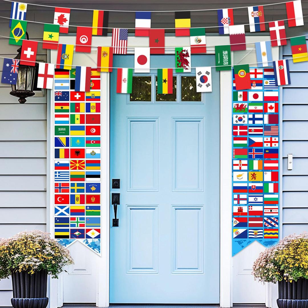 Outus 3 Pcs International World Flags Country Flags Decorations with 2 International Porch Banners 1 Bunting Banner of 32 Countries String Flag for School Classroom Sports Events Club Bar Party