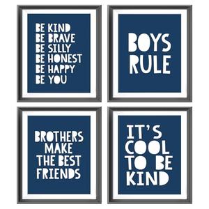 Brothers Make The Best Friends Boys Rules Affirmations Poster Prints for Boys Room Playroom Nursery Classroom Decor,Boho Colors Decorations Prints Wall Art Unframed 4pcs 8x10 Inches(Navy Blue)