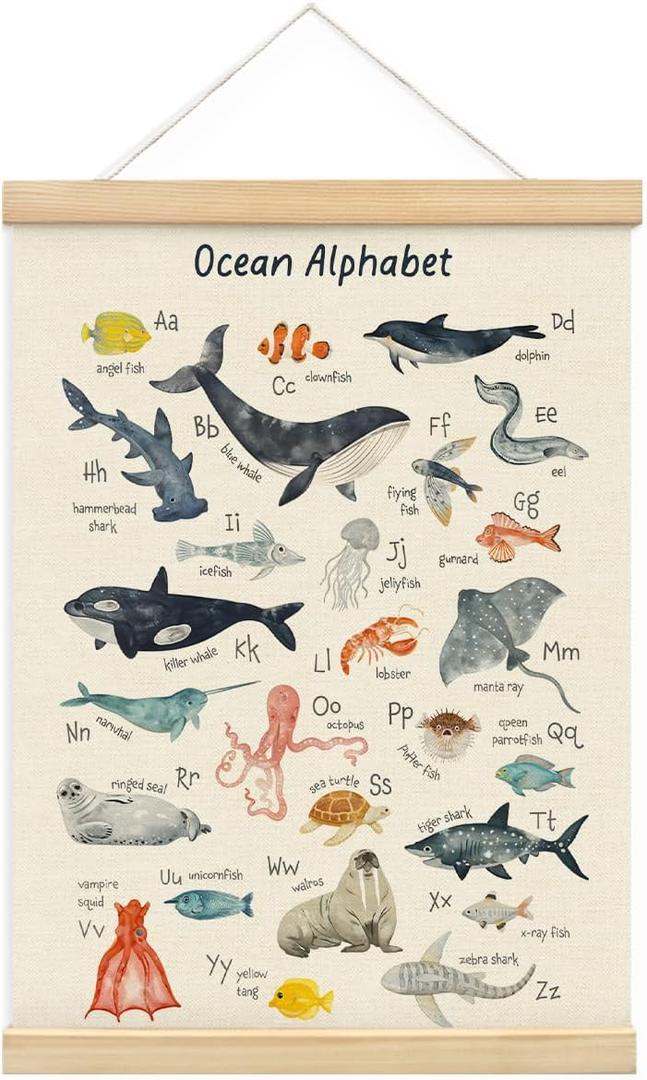 MOFUYU Ocean Nursery Decor,Ocean Alphabet Poster for Classroom Wall,ABC Posters Hanger Frame for Kidsroom,Nursery,Classroom,Kindergarten 12x16 Inch
