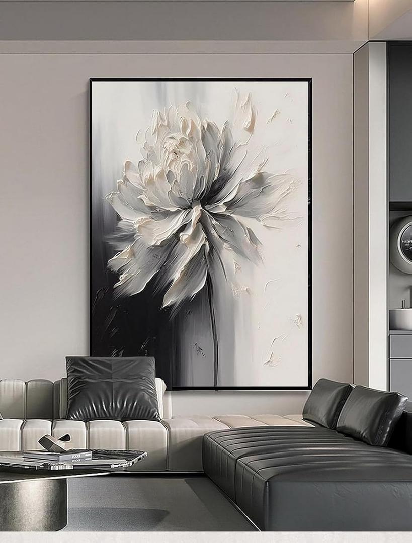 Hand Painted White And Black Flower Canvas Wall Art for Living Room,Large Framed Floral Oil Painting for Bedroom, Modern 3D Floral Artwork Wall Decor for Office Home Decor 28" x 40"