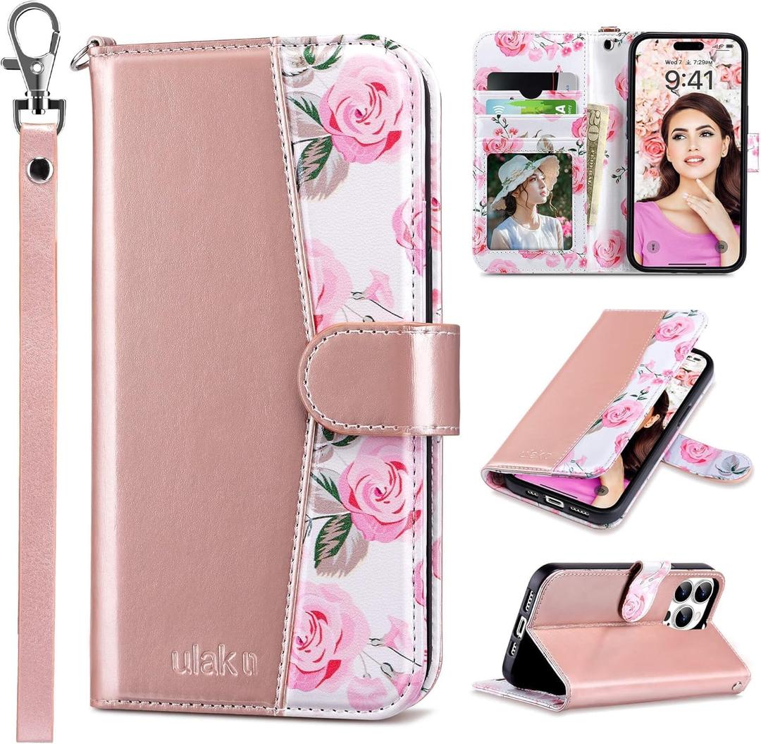 ULAK Compatible with iPhone 16 Pro Wallet Case with Card Holder, PU Leather Case with Kickstand Card Slots Wrist Strap, Durable Shockproof Protective Cover 6.3 Inch, Rose Pink Floral