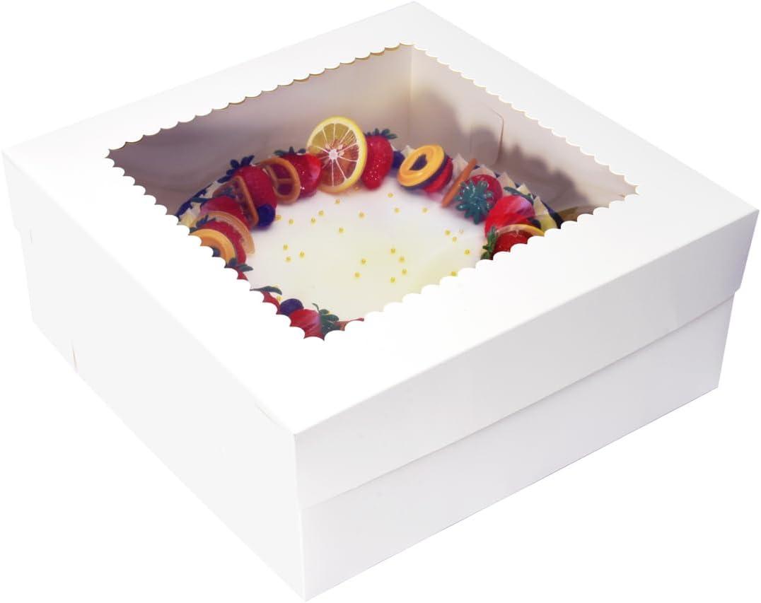 JJO Cake Boxes with Window 14x14x6 Inch 10 Pack,Wedding Cake Boxes,Large Cake Carrier,Disposable Cake Containers for Brownie,Pastries,Cheesecake