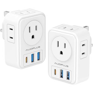 US to UK Plug Adapter 2 Pack, AUOPLUS Type G Ireland Travel Adapter with 4 Electrical Outlets 3 USB Charger, International Power Adapter, Cruise Ship Essentials for USA to Scotland England British