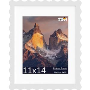 11x14 Wavy Picture Frame with Mat for 8x10, Real Glass and Wooden Frame - Tabletop or Wall Hanging Photo Frame (1 Pack, White)