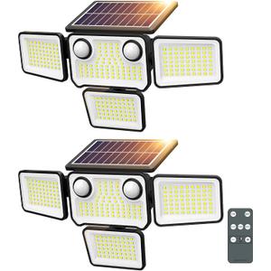 4500LM Solar Lights Outdoor Waterproof, 254 LED Solar Flood Lights Outdoor with 2 Motion Sensor, 4 Heads Security Light with Remote Control for Yard Outside House Garage 2 Pack