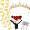 Yuxung 113 Pcs Flower Bouquet Accessories Include 5.5 x 2 Inch Headband Princess Elegant Crown for Women Girls Bouquet Pins and 3D Butterflies Decor for Flower Party Arrangements Wedding (Gold)