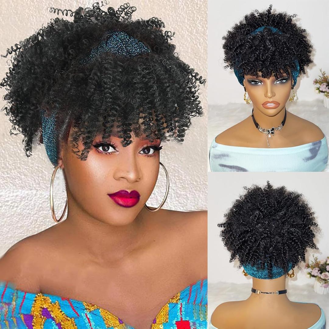 Kinky Curly Headband Wig Black Afro Headband Wigs Black Afro Puff Wig With Bangs Wrap 2 in 1 for Women Synthetic Half Wigs