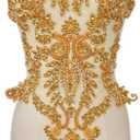 Handmade Bodice Rhinestones Applique Sewing Beads Stones Crystal Trim Lace Patches for Dress Clothing Accessories 34x63cm (Gold)