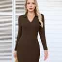 VICHYIE Women Lapel Neck Ribbed Bodycon Tight Fall Dress Long Sleeve Mid Thigh Pencil Above Knee Dresses (Brown, M)