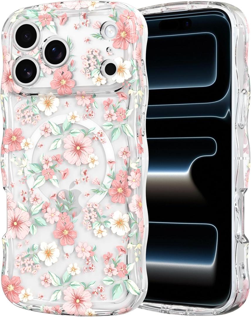 RALEAVO for iPhone 17 Pro Case Cute Floral Pattern Design [Compatible with Magsafe] Clear Curly Wave Frame Cover for Women,Acrylic Shockproof Anti-Slip Case for iPhone 17 Pro,Pink Flowers