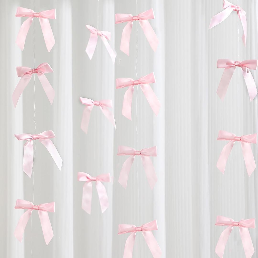 Taobary 8 Pcs 6.6 ft Bow Garland, Satin Ribbon Bow Banner Coquette Hanging Ornament for Photo Backdrop Birthday Party Wedding Bridal Baby Shower Wall Decorations(Pink,1 Inch)