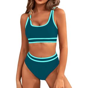 BMJL Women's High Waisted Bikini Sets Sporty Two Piece Swimsuits Color Block Cheeky High Cut Bathing Suits (Medium, Dark Green Blue011)