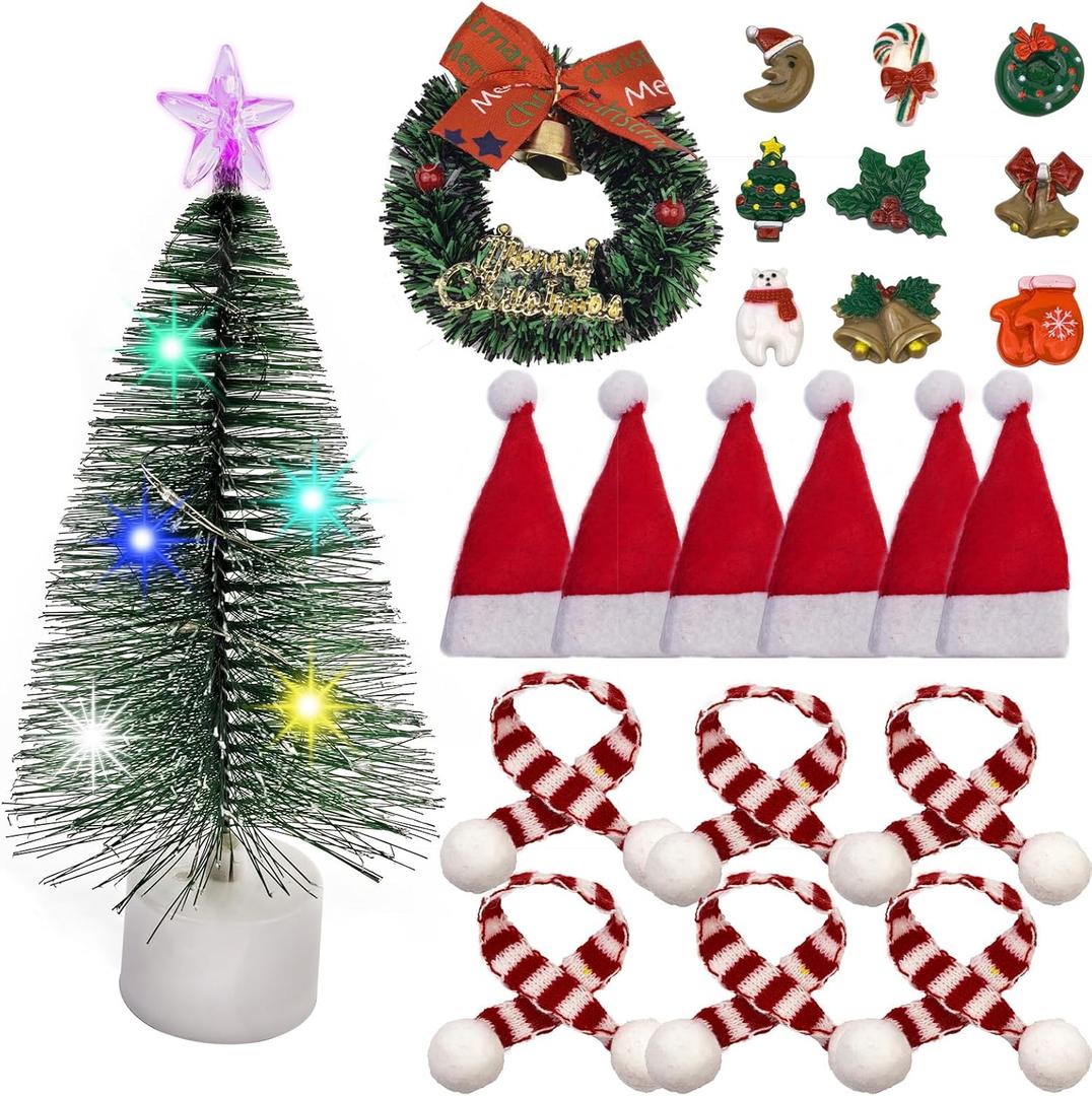 1/12 Scale Dollhouse Christmas Decorations 8inch Pre-Decorated Mini Desktop Christmas Tree, Miniature Wreath, Hats & Scarves Perfect Holiday Accessories for Dollhouse Decor