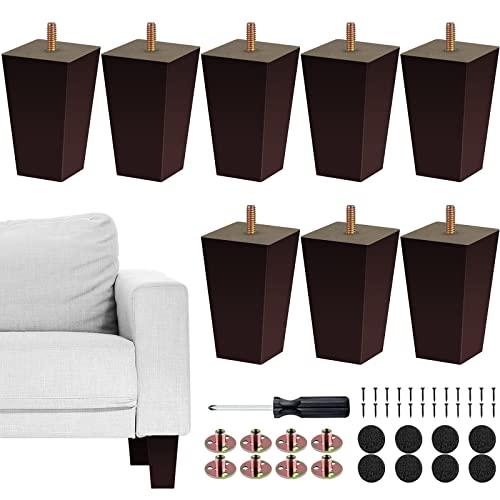 TURSTIN Set of 8 Furniture Legs 4 Inch Square Solid Wood Couch Legs Replacement Sofa Legs Mid Century Furniture Feet for Armchair Bed Dresser Cabinet Include Installation Hardware, Brown
