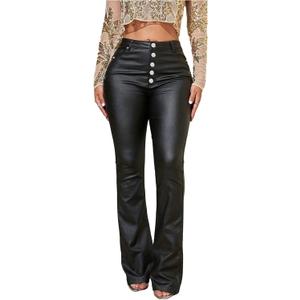 WDIRARA Women's Button Fly Faux Leather Flare Pants Punk High Waisted Skinny Trousers, XS