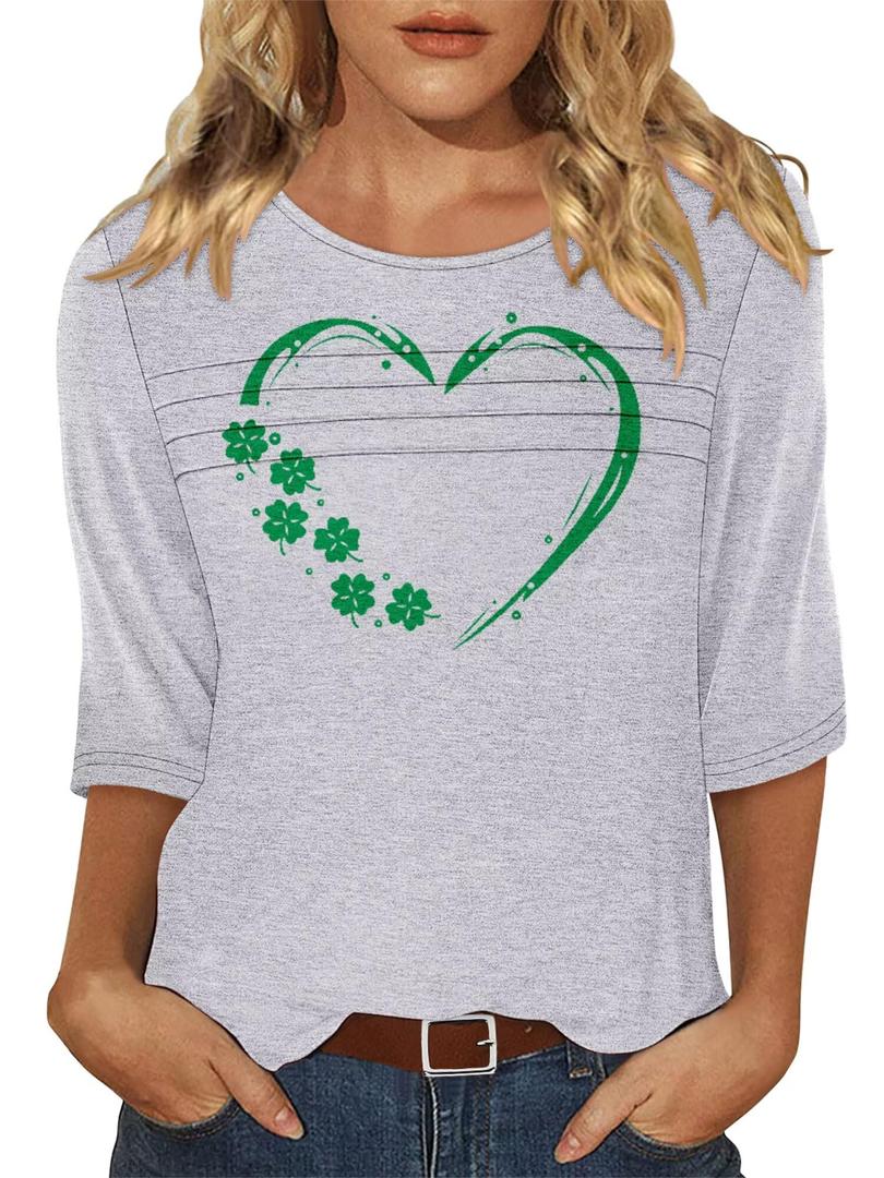 KISSMODA Women's 3/4 Sleeve T Shirts Crewneck Blouses Dressy Casual Shirts Tunic Blue Work Blouses Green Heart Clover