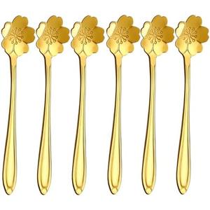 ICAHG Teaspoon Set, 6 Pieces Flower Coffee Tea Spoons, Food Grade Stainless Steel Tea Spoons, Good Teaspoons, Tea Party Flower Fancy Tableware Set Stir Bar Creative Stirring Teaspoon (Gold)