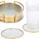 JUXYES Set of 8 Glass Round Coasters with Holder, Golden Brass Coasters for Drinks Glass Cup Coaster Set Modern Coaster Cups Mats Decor for Restaurant Kitchen Bar Dining Table