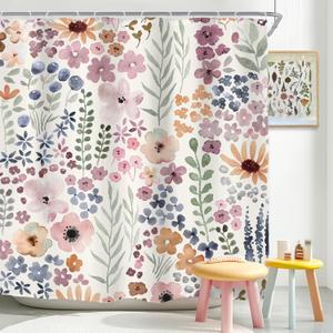 Riyidecor Cute Floral Flower Shower Curtain for Bathroom Decor 72Wx72H Watercolor Spring Botanical Plant Rustic Nature Herbs Grey Gray Art Printed Fabric Polyester Waterproof 12 Pack Plastic Hooks