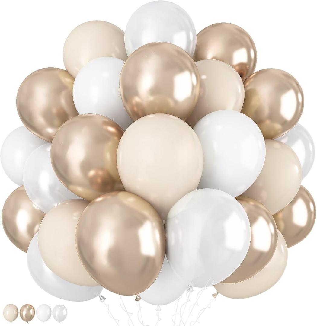 Champagne Gold and White Balloons, 60Pcs Beige White Sand Metallic Gold Pearl White Balloons for Girls, Neutral Ivory White Gold Balloons for Women Birthday Boho Wedding Engagement Party Decorations (12 inch 60pcs)