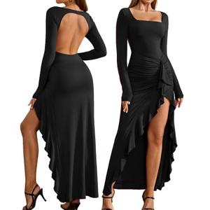GLNEGE Women Long Sleeve Backless Bodycon Formal Maxi Dress Square Neck Ruffle Slit Wedding Guest Cocktail Dresses Fall Black (L)