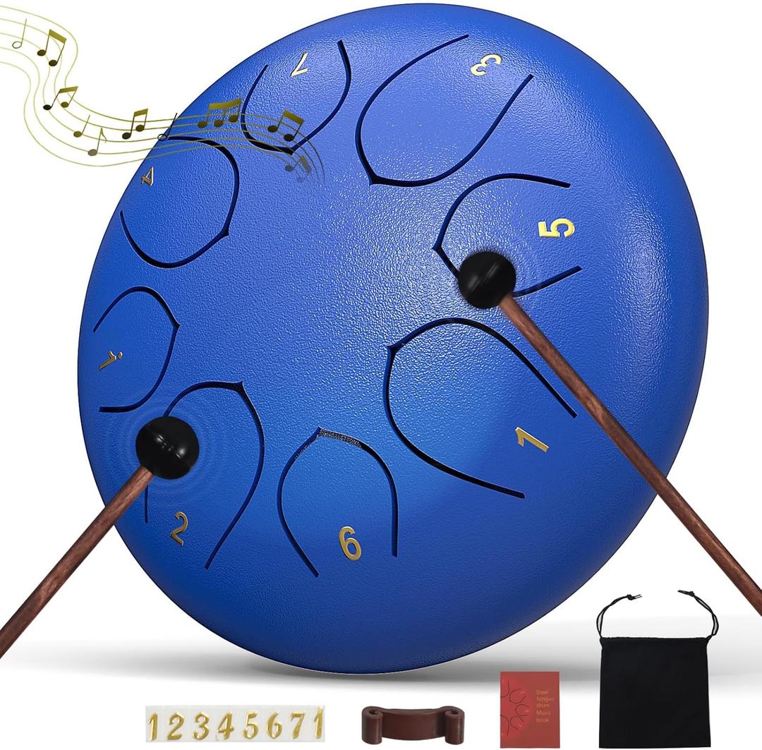 Rain Drum for Outside Garden, 6 Inches 8 Notes Steel Tongue Drums, Waterproof Meditation Echo Rain Chime, Musical Instruments for Adult Gift with Bag, Music Book (Dark Blue)