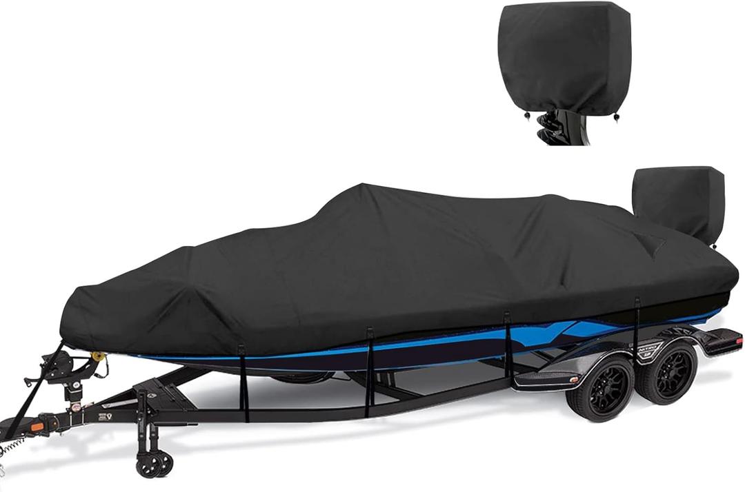 1200D Waterproof Boat Cover - Fits 17' to 19' ft Bass, V-Hull, Tri-Hull, Fish & Ski, Runabout Bowrider Boats - Heavy Duty Canvas Black (Model C: Fits 17'-19' L X 96" Beam Width)