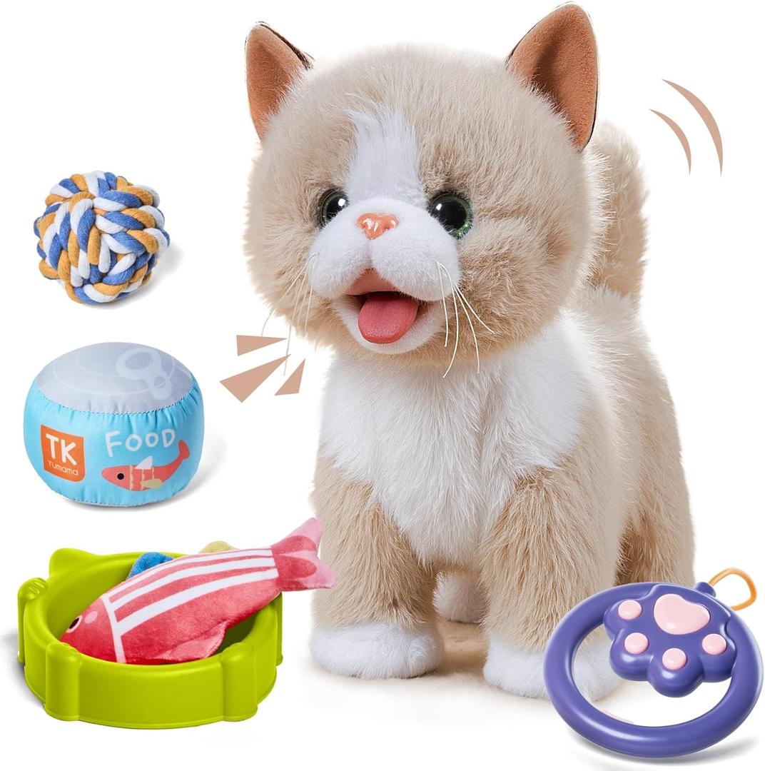TUMAMA Walking Talking Cat Set Interactive Talking Cat, Interactive Electronic Cat Plush Toy with Leash, Wag Tail, Meows, Pretend Dress Up Realistic Stuffed Cat Age 3 4 5+ Years Old Best Gift