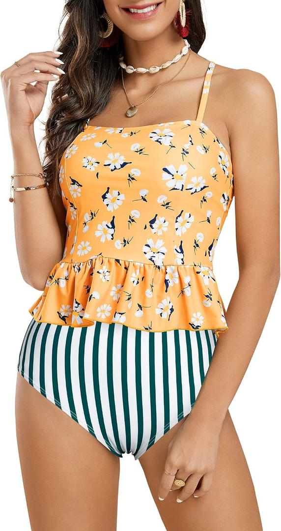 Tutorutor Women High Waisted Swimsuits Peplum Tankini Set Ruffle Floral Print Teen Spaghetti 2 Piece Halter Bikini, Size: Large