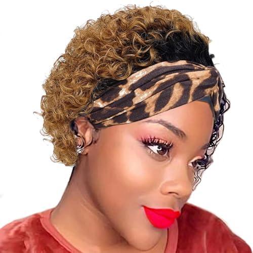 KPROYU Headband Wigs Human Hair for Black Women Blonde Ombre Pixie Cut Curly Headband Wig Put On and Go Glueless Human Hair Wig with Headband,150% Density 6inch，T27
