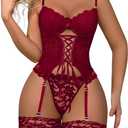 Lilosy Sexy Floral Lace Up Corset Garter Lingerie Set (Burgundy Red)