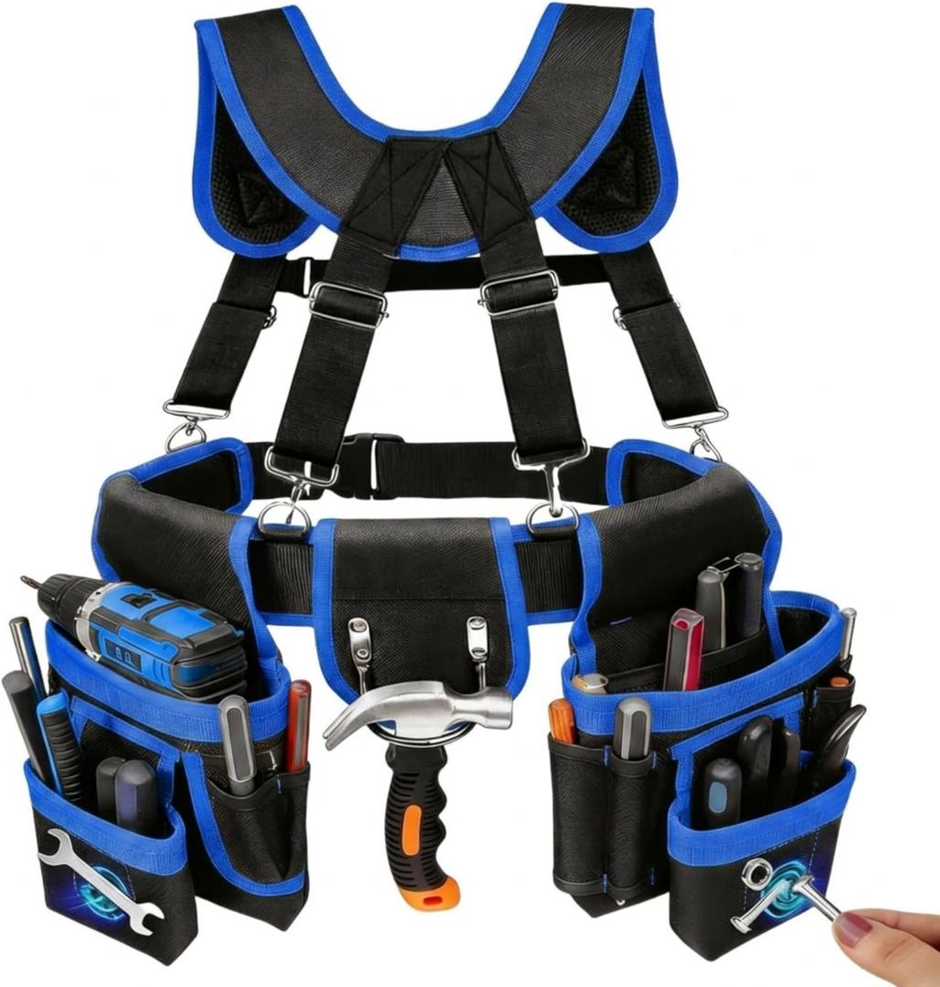 Magnetic Tool Belt, Heavy Duty Tool Pouch for men Magnet Holster Nail Utility Toolbelt Adjustable Waist Holder for Handyman Contractor (26 pockets with suspenders) (Blue)
