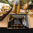 Goodluck 352 Pieces Black Dinnerware Set for 50 Guests, Black Square Plastic Plates with Gold Trim, Include: 100 Plastic Plates, 50 Rolled Napkins, 50 Cups, 50 Cutlery Set and 2 Tablecloth