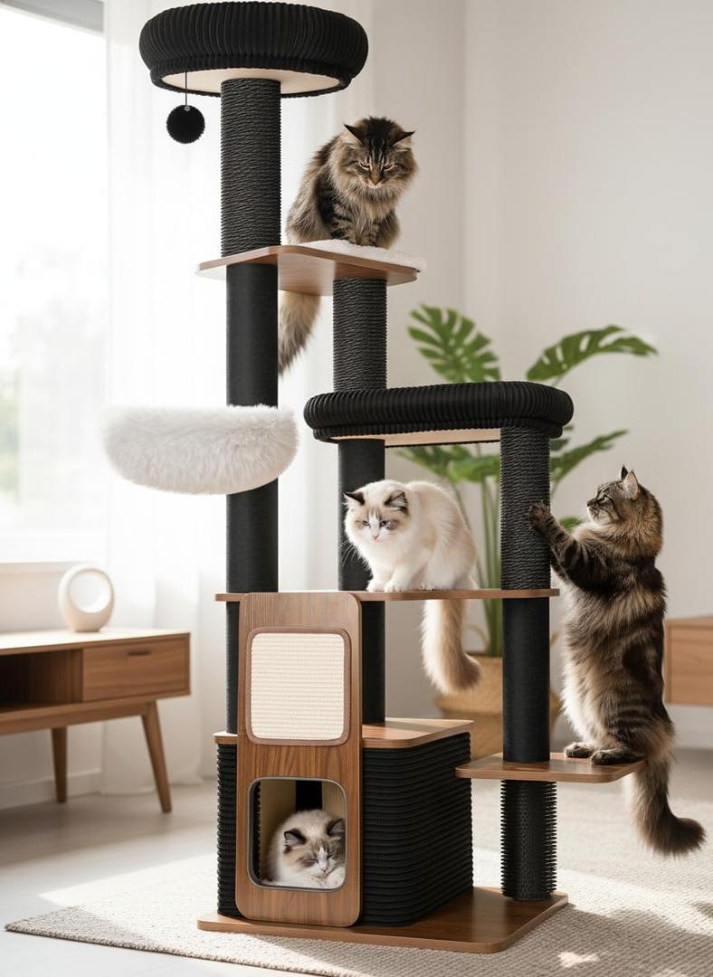 63" Modern Cat Tree Tower for Indoor Cats, Heavy Duty Cat Trees for Large Cat, Adult Maine Coon Cat Tree Tower with Scratching Post, Extra Large Top Perch, Cat Condos, Jet Black