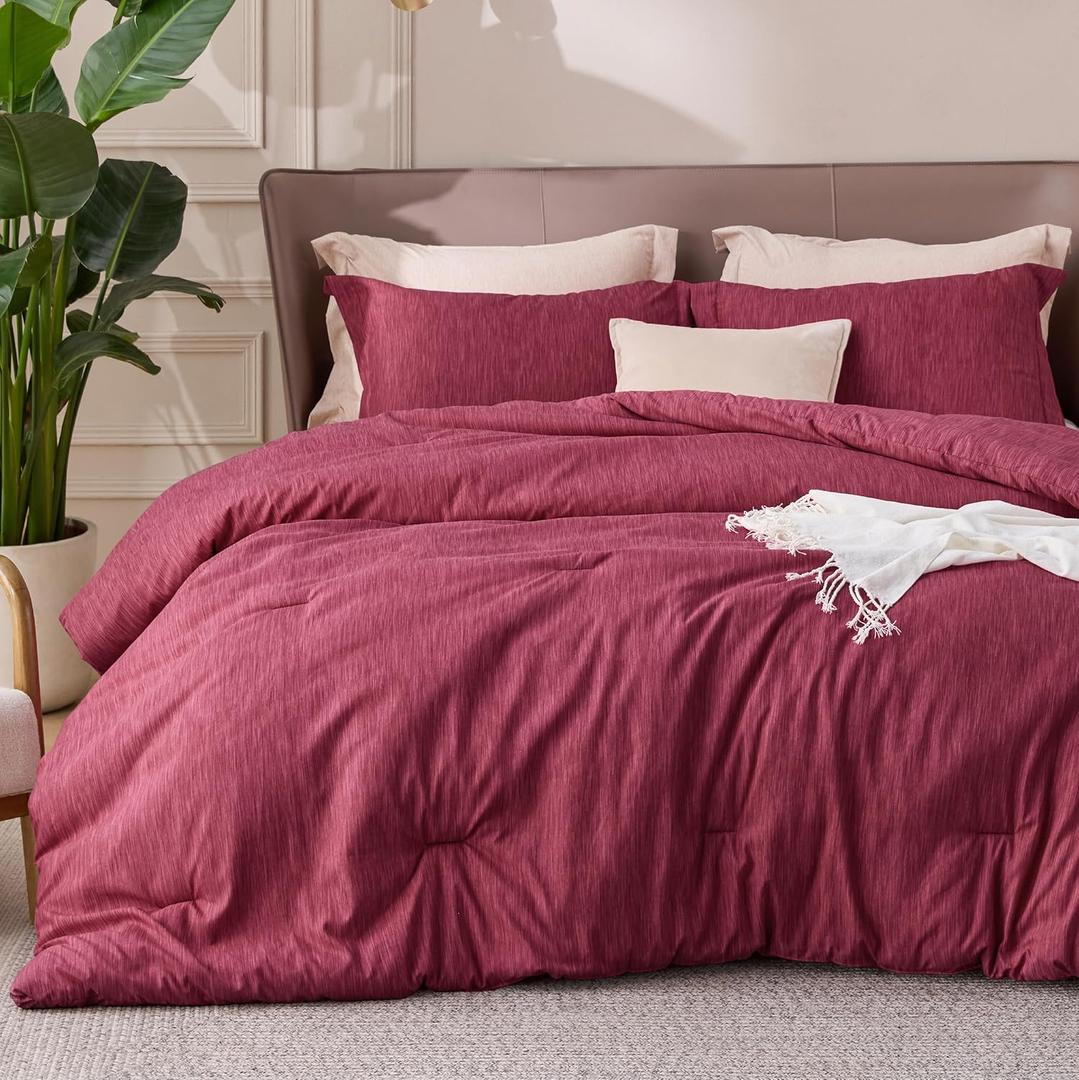 Bedsure Queen Comforter Set - Dark Red Comforter Queen Size, Soft Bedding for All Seasons, Cationic Dyed Bedding Set, 3 Pieces, 1 Comforter (90"x90") and 2 Pillow Shams (20"x26"+2") (06 - Red Melange)