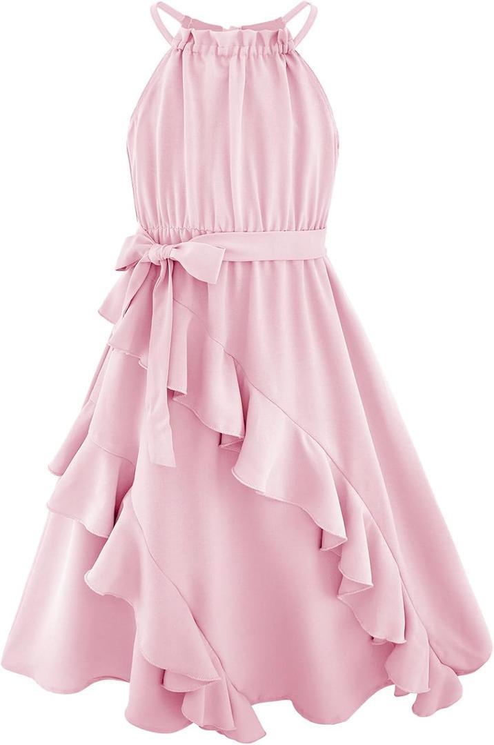 Girls Dresses Tween Halter Tie Back Tiered Ruffle A-Line Flowy Dress Summer Sleeveless Sundress Size 5-14 Years (10-12 Years, Pink)